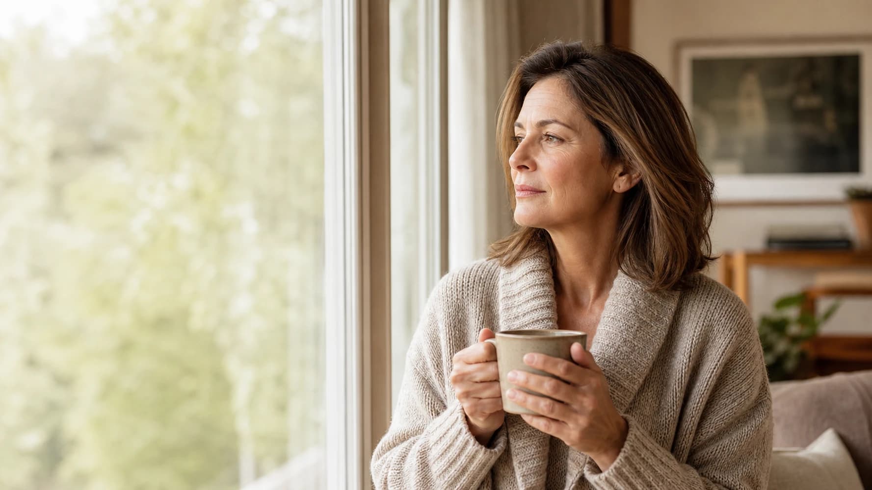 Femme d’environ 50 ans, seule, tenant une tasse et regardant par une fenêtre